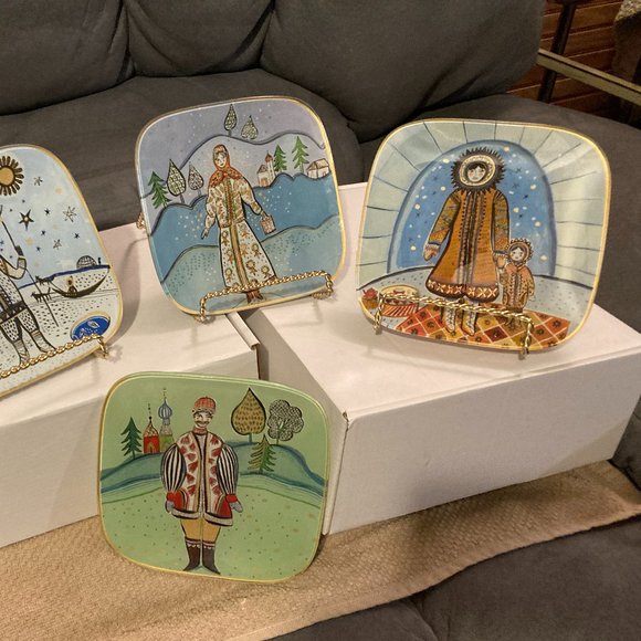 VTG Fragonard Parfumeur Folk Art Glass Decor Plates-Square Set of 4-5.75" D-EUC - Picture 3 of 12